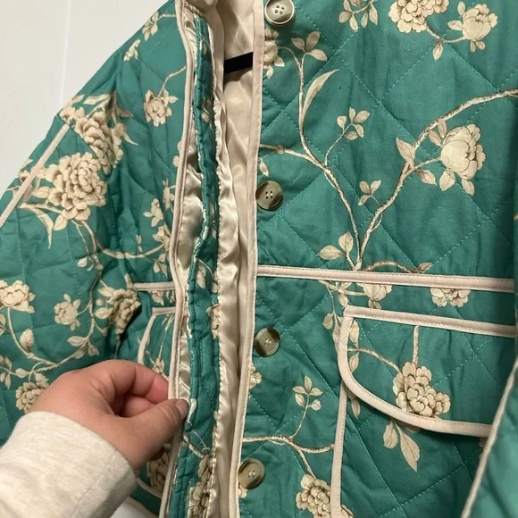 7 For All Mankind Quilted Crop Floral Print Jacket Jade Green - Picture 5 of 10